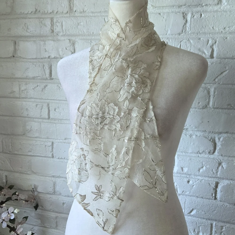 Vintage Ivory + Silver Floral Lace Scarf, Party, Bridal, Wrap